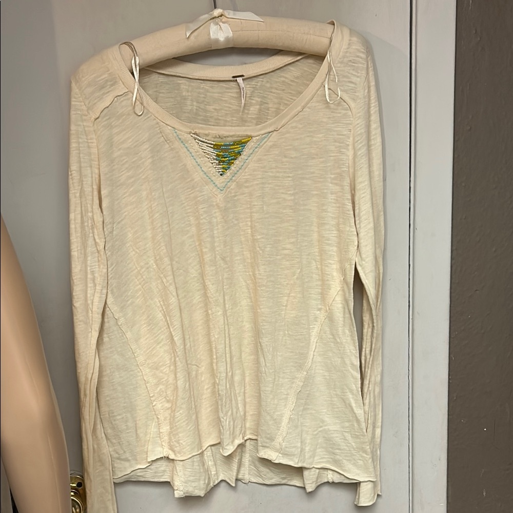 Free People Cream Long Sleeve Top with Embroidered Accent